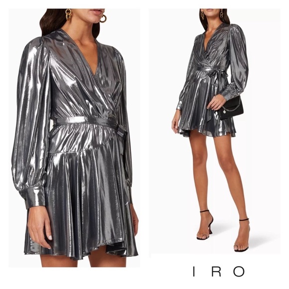 New! IRO Matcha Silver Metallic A-Line Mini Wrap Dress - Picture 1 of 13